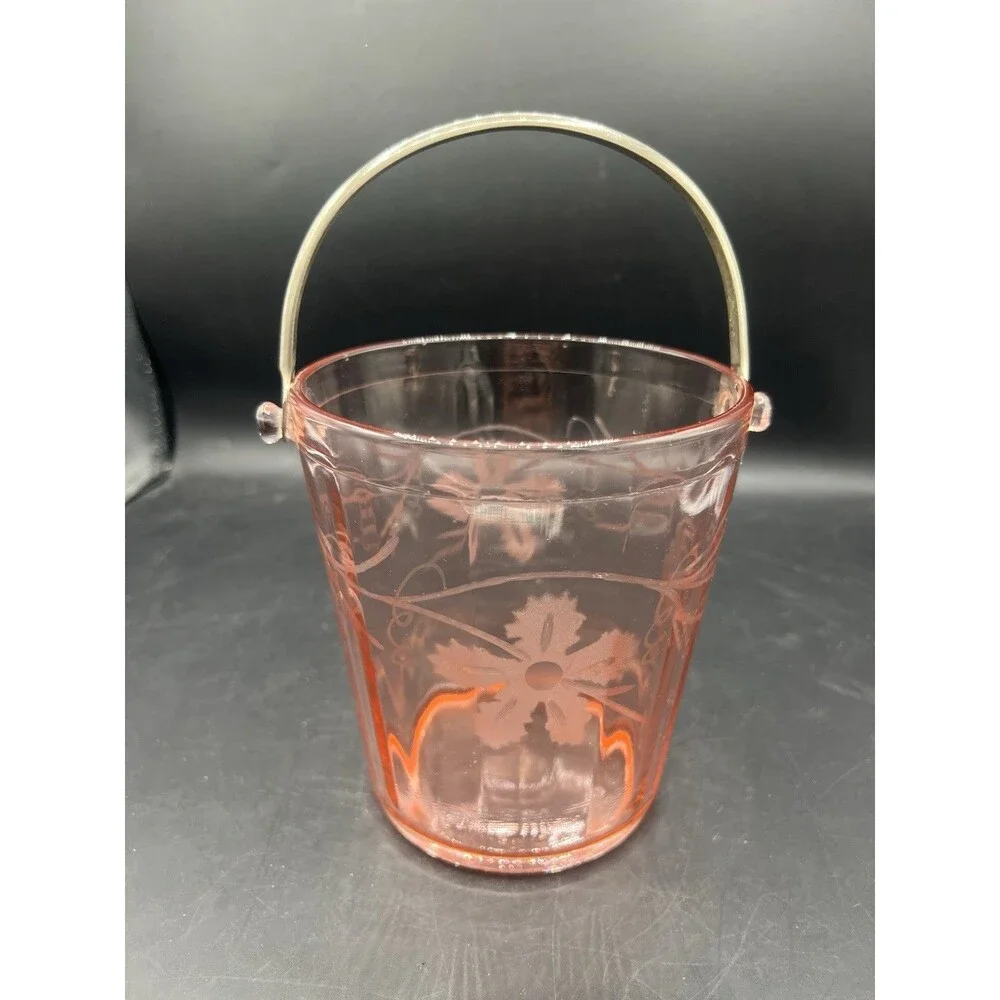 Vintage Cambridge Pink Depression Glass Ice Bucket Etched Floral Grapes Tongs